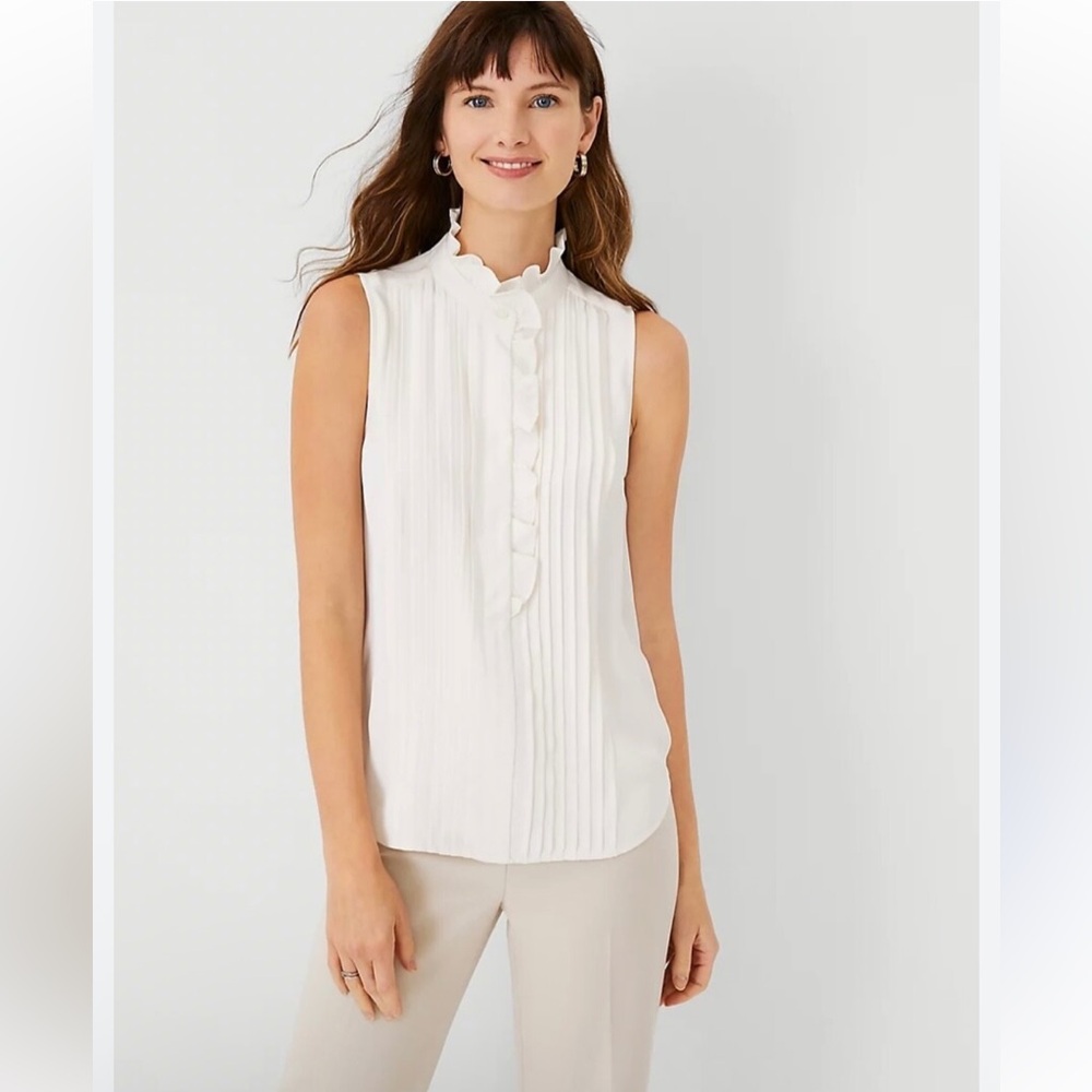 Ann Taylor Cream White Ruffle Blouse Button Down Sleeveless Tank - Size XL